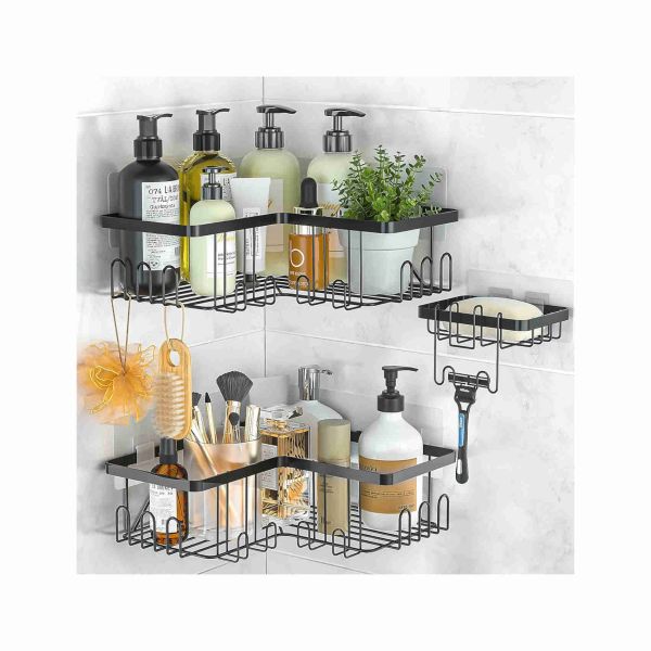 Mensola Doccia Angolare Senza Foratura - 2 Pezzi, Acciaio Inox, Portasapone Con Ganci, Argento - Foto 10