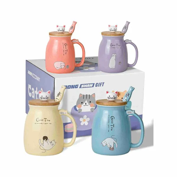 Set Tazze Gatto Ceramica - 4 Pezzi, 450ml, Coperchio Bambù, Cucchiaio Pesce - Foto 11