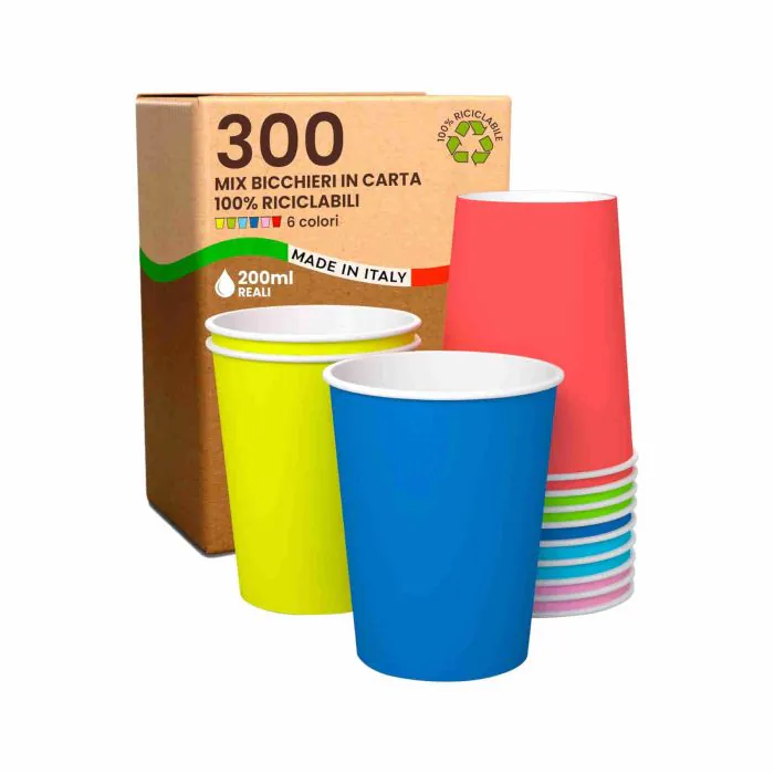 300 Bicchieri in Carta 200ml SuperMix Colorati Ecologici Biodegradabili  Monouso Made in Italy Asporto Bevande Calde - MIX Colori Giallo Blu Rosso  Verde Azzuro Rosa - Prodotto e Confezionato in Italia