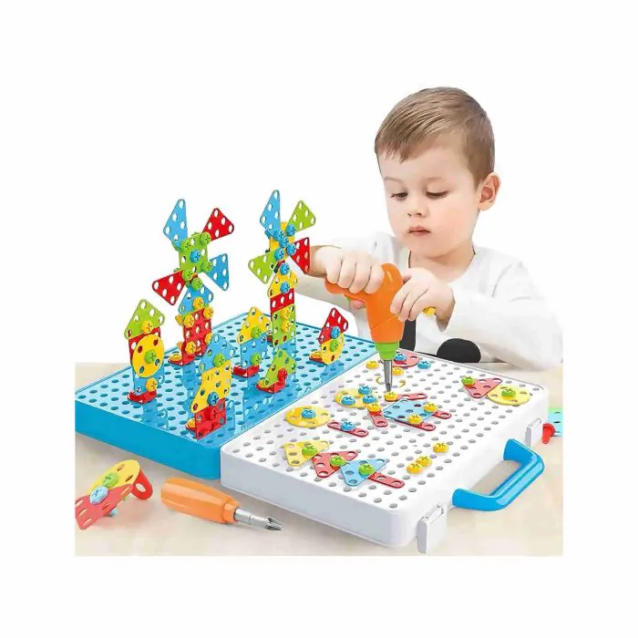 3D Mosaico di Puzzle, 193 PCS Giochi Costruzione Montessori,Set di  Giocattoli Elettrici per Trapano, Educativi Regalo Trapano Cassetta Attrezzi  Giocattolo Chiodini per Bambini