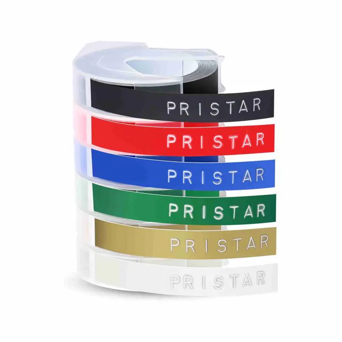 6X Pristar Compatibile Nastro Etichette per Dymo 3D Plastica Etichette 9mm  x 3m Bianca su Nero/Rosso/Blu/Verde/Oro/Trasparente per Dymo Omega Junior