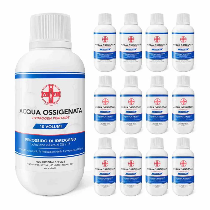 AIESI - Acqua Ossigenata disinfettante F.U. 3% 10 Volumi - 250 ml  (Confezione da 12 pezzi).