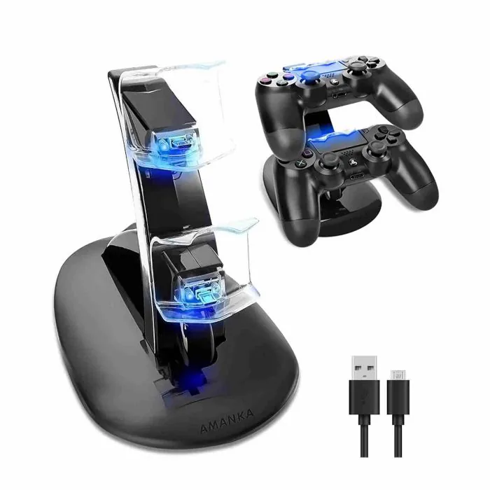 AMANKA PS4 Ricarica Controller Base, Dual USB Controller Caricatore Docking  Station Stand con LED,Compatibile Playstation 4 PS4 / PS4 Slim/Pro/Wireless  Controller,con Cavo USB