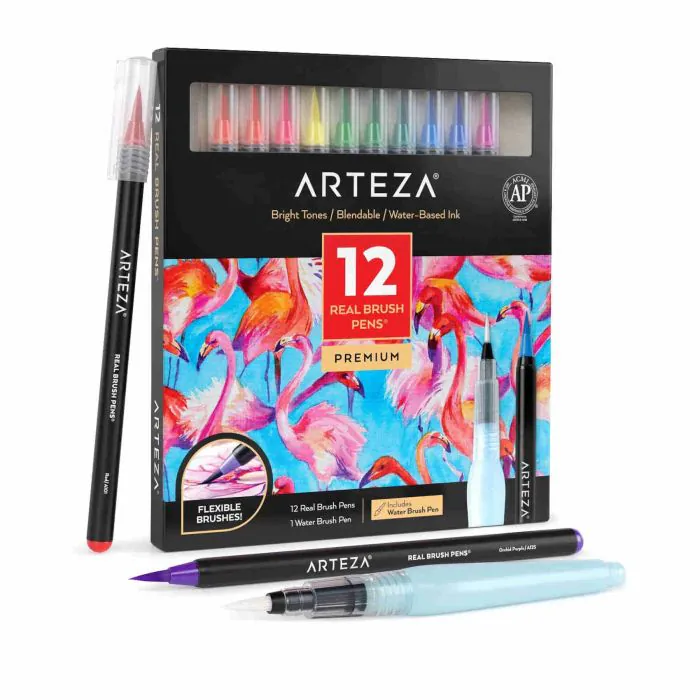 ARTEZA, Set di 12 pennarelli brush pen dalle tonalità vivaci, acquerellabili,  sfumabili, con 1 pennarello water brush incluso, per scuola, casa e  ufficio.