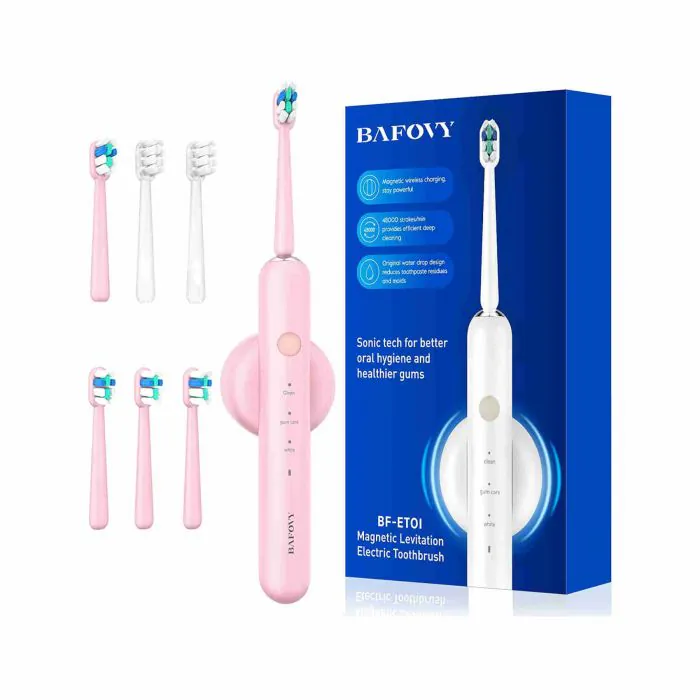 BAFOVY - Spazzolino da denti elettrico con porta spazzolino, 6 testine di  ricambio, timer intelligente e 3 modalità, rosa