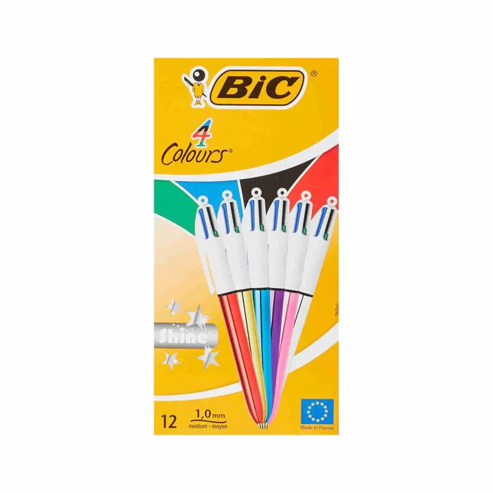 BIC 4 Colori Shine Penne A Sfera Con Punta Media (1.0 mm), Fusti Metallici  Assortiti, Confezione da 12, Ottime per Prendere Appunti in Ufficio e a  Casa
