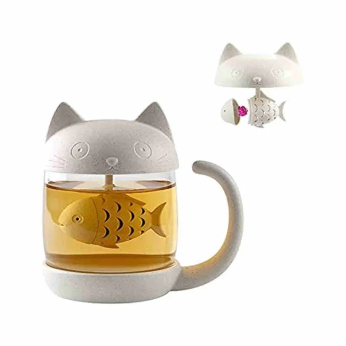 BigNoseDeer Tazza da tè in vetro con gatto carino, tazza da tè con infusore  per tè a forma di pesce, Bottiglia dell'Acqua con Il Filtro,Tazza di caffè  250ML(8OZ)