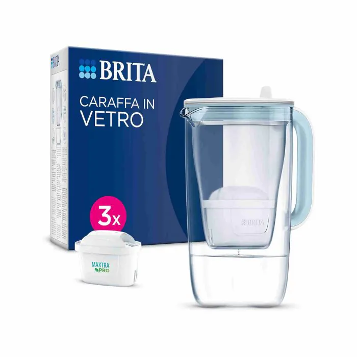 Brita Caraffa in vetro Light Blue (2.5L) incl. 3 filtri MAXTRA PRO All-in-1  - Caraffa di design premium con coperchio ribaltabile per riempimento  facile, in confezione Smart Box sostenibile