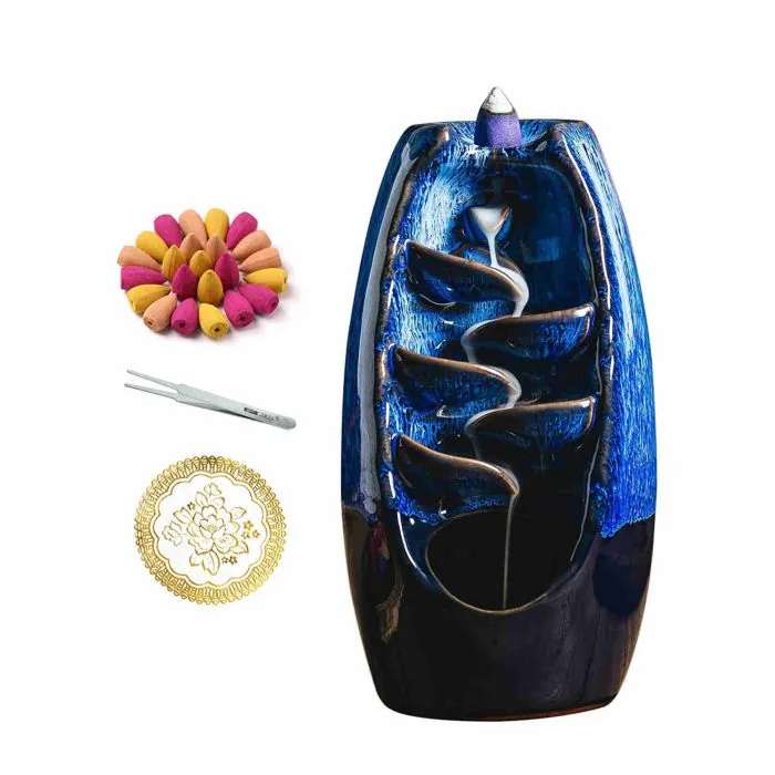 Bruciatore di incenso in ceramica con 120 coni, portaincenso a cascata,  ornamento per aromaterapia, decorazioni zen, decorazioni per la casa (blu).