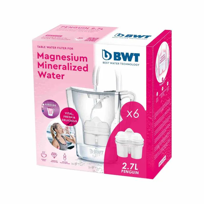 BWT Penguin Electronics - Caraffa filtrante per acqua in magnesio +  confezione da 6 filtri, 2.7L, Bianco