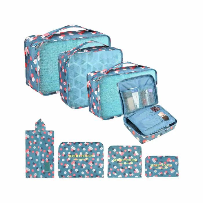 Coolzon Organizer Valigie Viaggio Set 8 Pezzi, Cubi di Imballaggio Perfect  Storage Travel Luggage Organizer per i vestiti,Cosmetici,Scarpe,Intimo,  Fiori Blu
