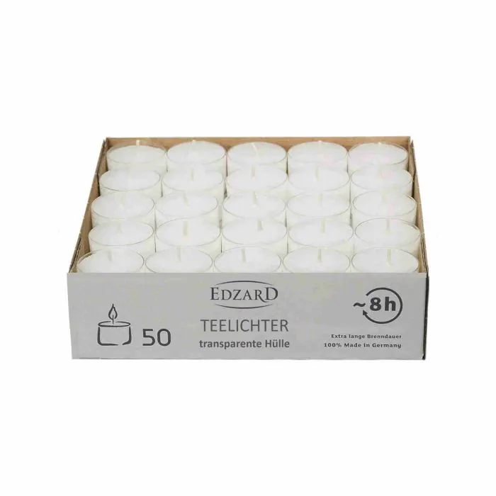 Edzard 50 x Candele tealight, Bianco, Custodia Trasparente, Durata ca. 8 Ore