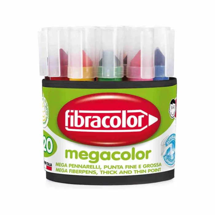 Fibracolor Pennarelli Megacolor barattolo 20 pezzi, 2 pezzi per ciascuno di  10 colori, maxi punta conica, mega carica d'inchiostro, superlavabili
