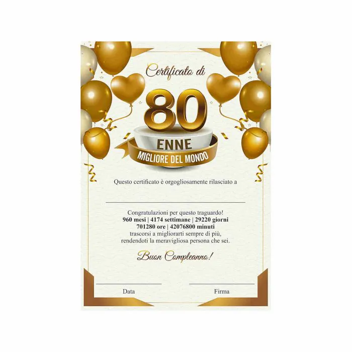 GHIBLI Certificato miglior 80 ENNE del mondo - Attestato Diploma idea regalo  originale 80 anni di compleanno - Biglietto auguri compleanno 80 anni uomo  donna