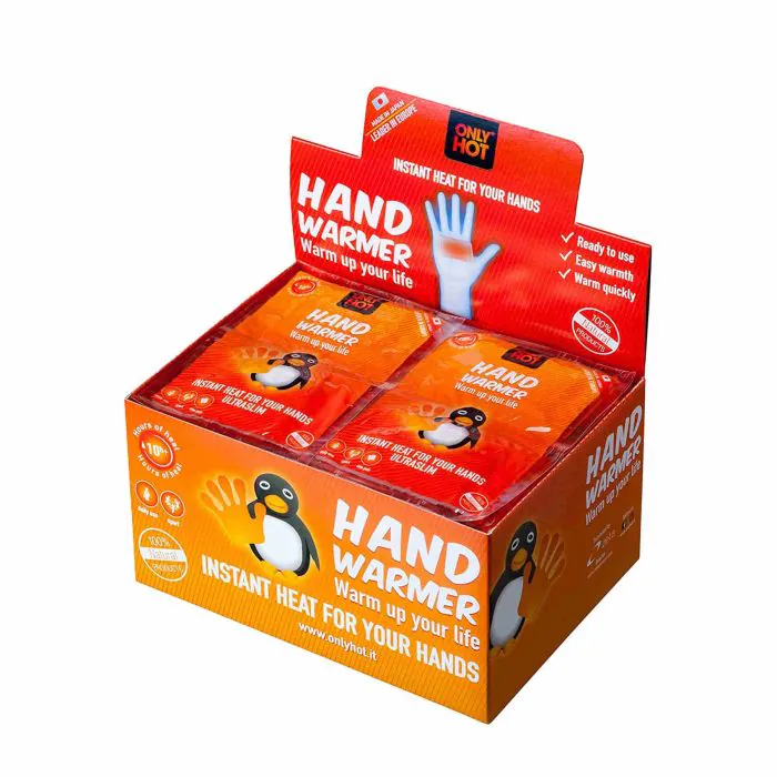 Hand Warmers Only Hot, scaldini scalda mani autoriscaldanti, 12 ore mani  calde, pronti all'uso e naturali, display box da 40 paia.