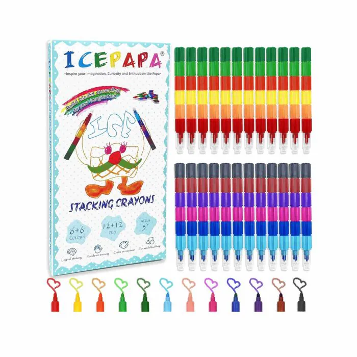 ICEPAPA, Pastelli a cera impilabili per bambini, 24 pezzi, Totale 12  colori, ideali come regalini compleanno bambini invitati