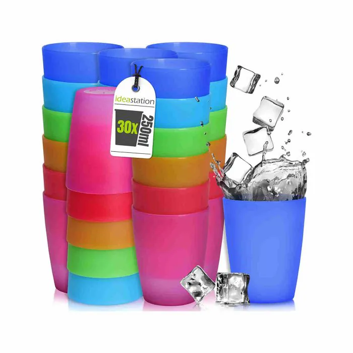 idea-station NEO bicchieri plastica 30 pezzi, 250 ml, colorati,  riutilizzabili, infrangibili, rigida, bambino, bambini, campeggio, acqua,  birra