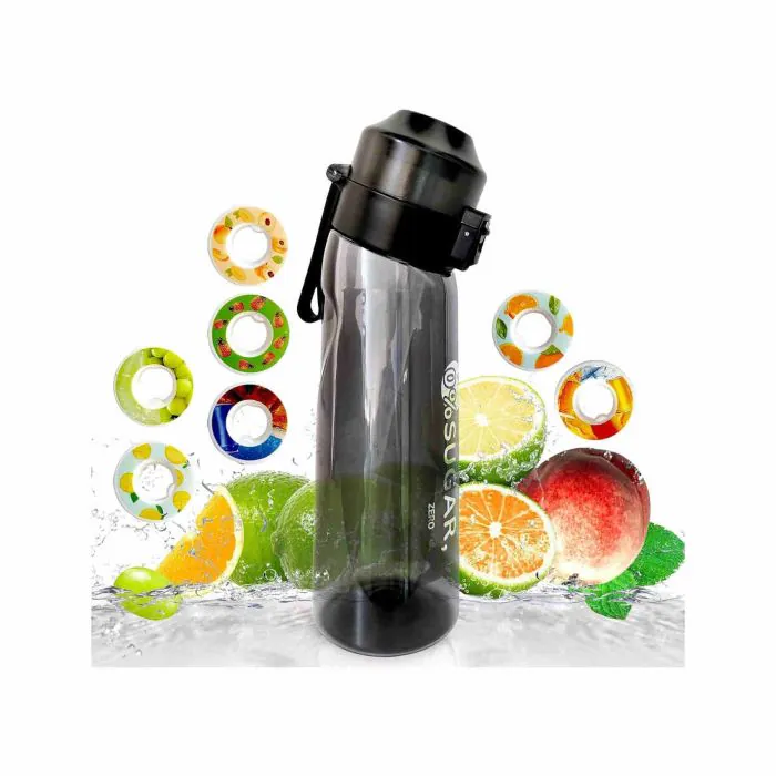 KOWBLAZE Borraccia sportiva senza BPA, 650 ml, con capsula aromatizzata  alla frutta, per aromatizzare 0 zucchero, 0 calorie (1 cialda) (nero)