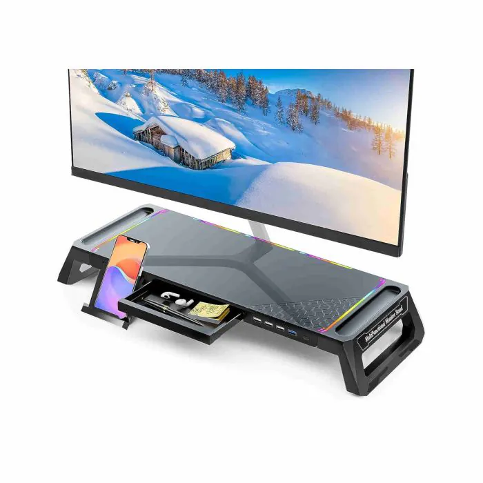 MOOJAY Supporto per Monitor da Scrivania con Luci da Gioco RGB e Hub USB  3.0 e 2.0, Supporto per Schermo Pieghevole con Cassetto Portaoggetti e  Portapenne, Rialzo per Monitor per PC/Laptop/iMac-Nero