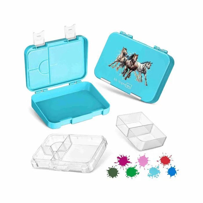 My Vesperbox – Contenitore porta pranzo per bambini, con 4 + 2 scomparti,  estremamente robusto, ideale per l'asilo e la scuola (colore celeste,  disegno di un cavallo)