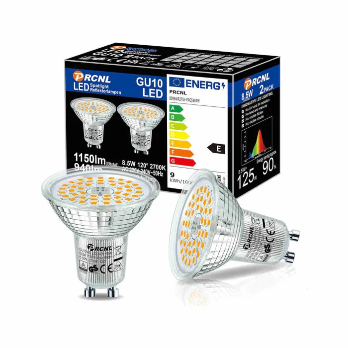 PRCNL Lampadine LED GU10 2700K Bianco Caldo 8.5W 940 Lumen Equivalenti 125W  Lampada Alogena. AC 230V No Flicker Faretti, Faretto 120 ° Spot, 2 Pack