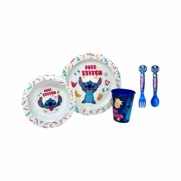 Set stoviglie in plastica riutilizzabile Stitch Disney 5 pezzi piatti  bicchiere posate per bambini set pranzo