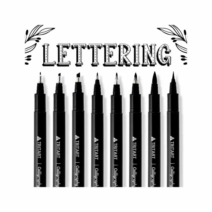 TRITART Kit 8 Penne per Lettering e Calligrafia - Set Pennarelli Lettering  - Penne Lettering Professionali - Penne per Lettering con Inchiostro Nero  Giapponese