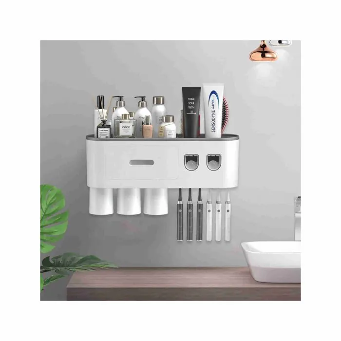 TuCao - Portaspazzolino da parete con due dispenser automatici di  dentifricio, con 2-3 bicchieri (grigio, 2 dispenser di dentifricio, 3  bicchieri)