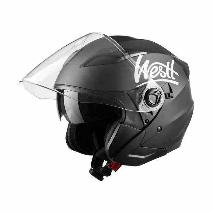 Westt Casco jet con visiera e parasole, casco moto donna uomo, casco scooter  ciclomotore chop moto a mezza calotta pilota, certificato ECE DOT, nero  opaco, taglia L (57-58 cm).