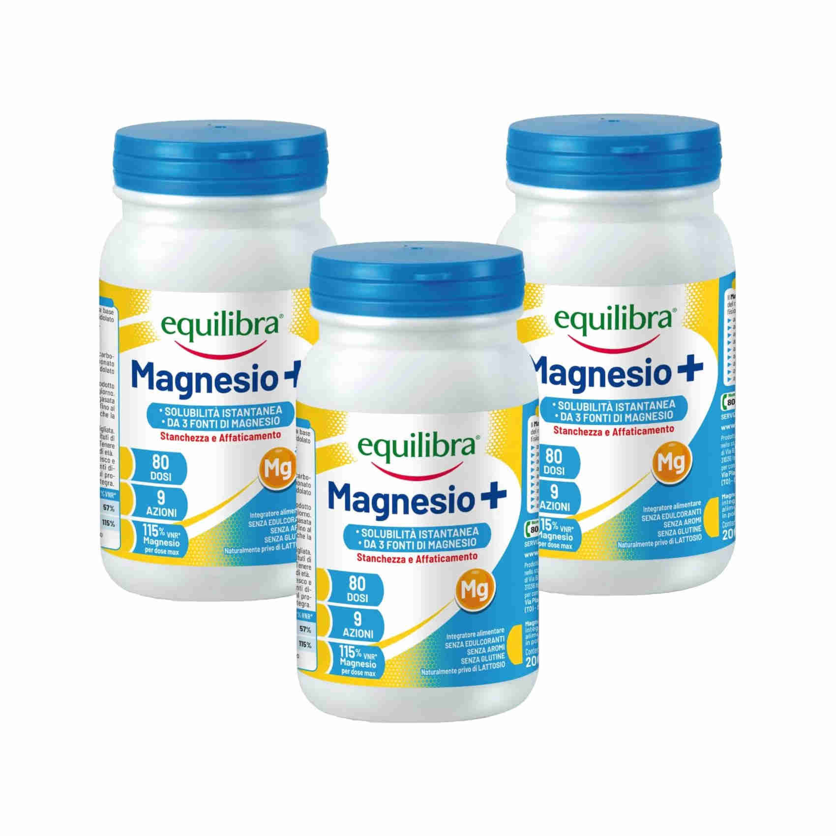 equilibra, Magnesio+ Zero, Integratore Magnesio, Barattolo 200g Tripack, Magnesio Carbonato, Bisglicinato e Pidolato, Solubilità Istantanea, Riduzione Stanchezza e Affaticamento, Senza Glutine e Aromi