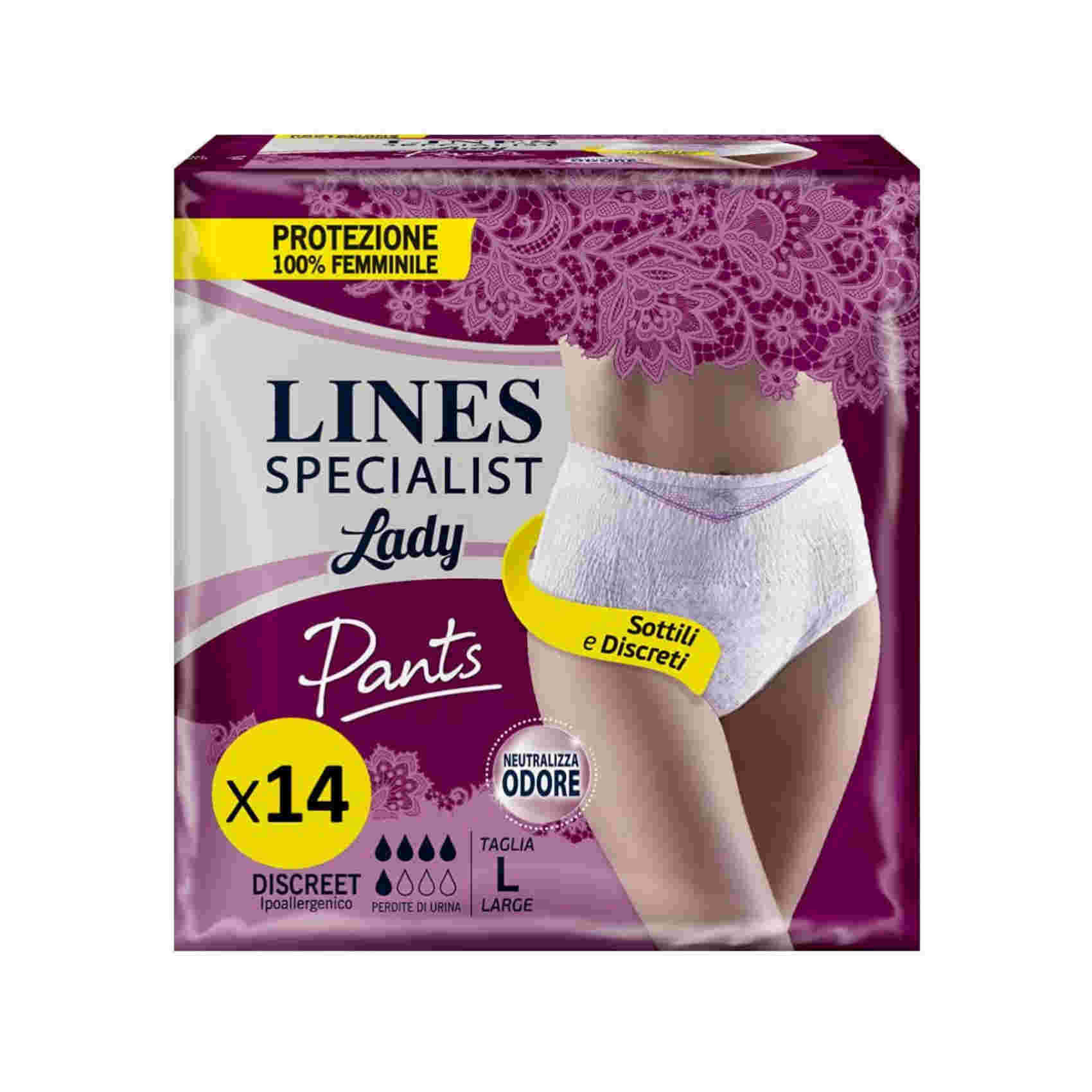 Lines Specialist Lady Pants Discreet, Mutande Assorbenti per Incontinenza Donna, Vita Bassa, Femminili e Discreti, Zero Odore e Barriere Laterali Protettive, Taglia L, 2 Confezioni da 7 Unità
