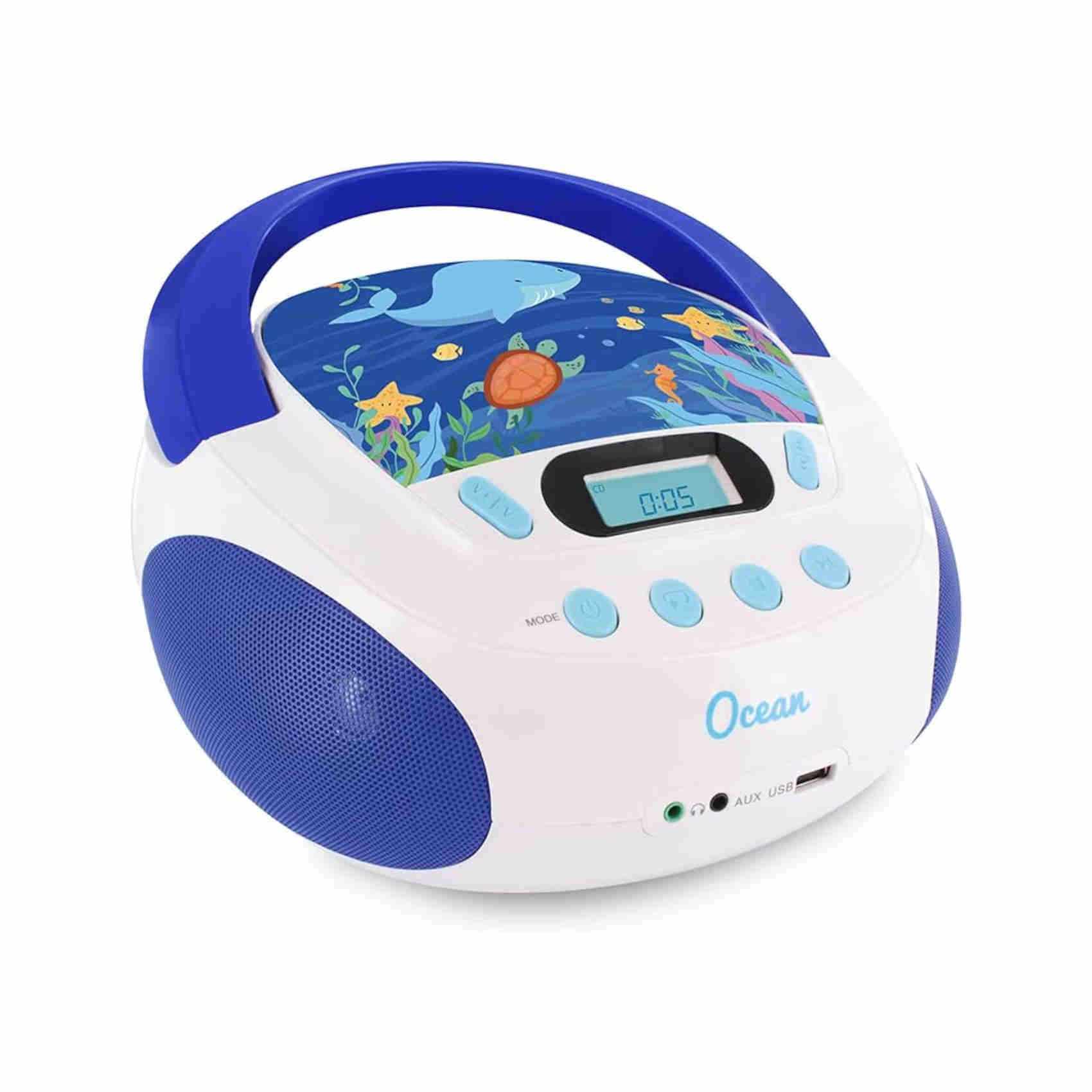 Mooov 477170 Lettore Cd Portatile Per Bambini Con Usb, Presa Per Le Cuffie – Stereo Baby Boombox Con Gira Cd – Lettore Musicale Per Casa E Viaggio, Design Colorato - Modello Di Ocean - Blu/Bianco-image
